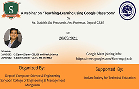 Webinar on “Teaching-Learning Using Google Classroom” organized by CSE Dept. for Faculty members