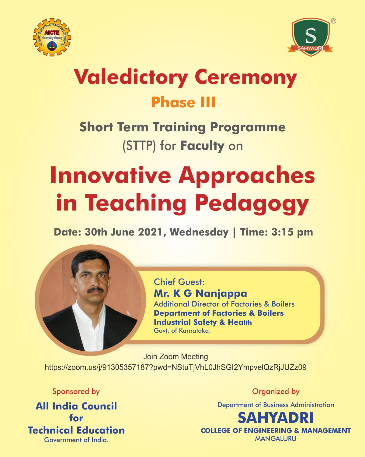 Valedictory Ceremony of AICTE Sponsored Short Term Training Programme (STTP) Phase III organized by Sahyadri on “Innovative Approaches in Teaching Pedagogy”