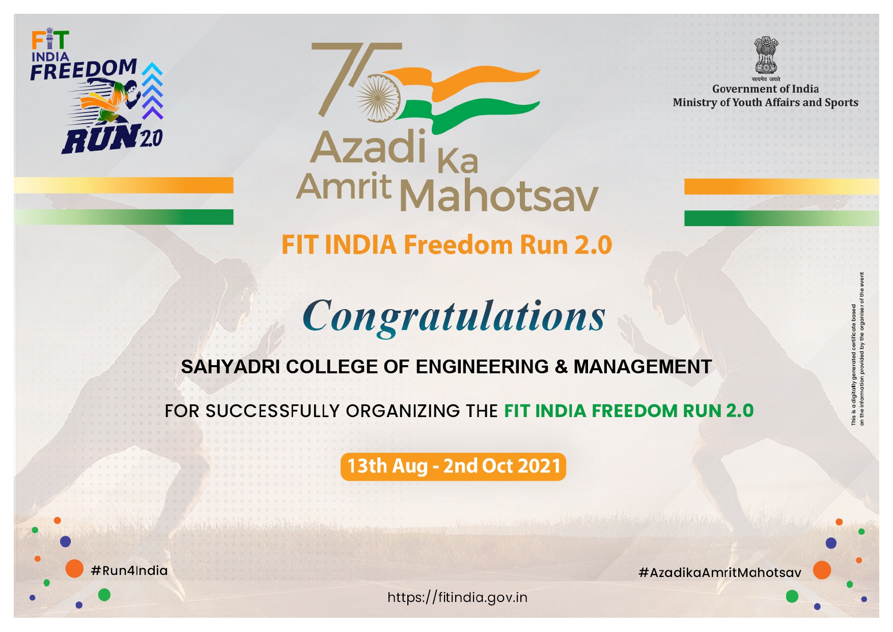 Sahyadri receives Certificate of Appreciation from Govt. of India for organizing Fit India Freedom Run 2.0