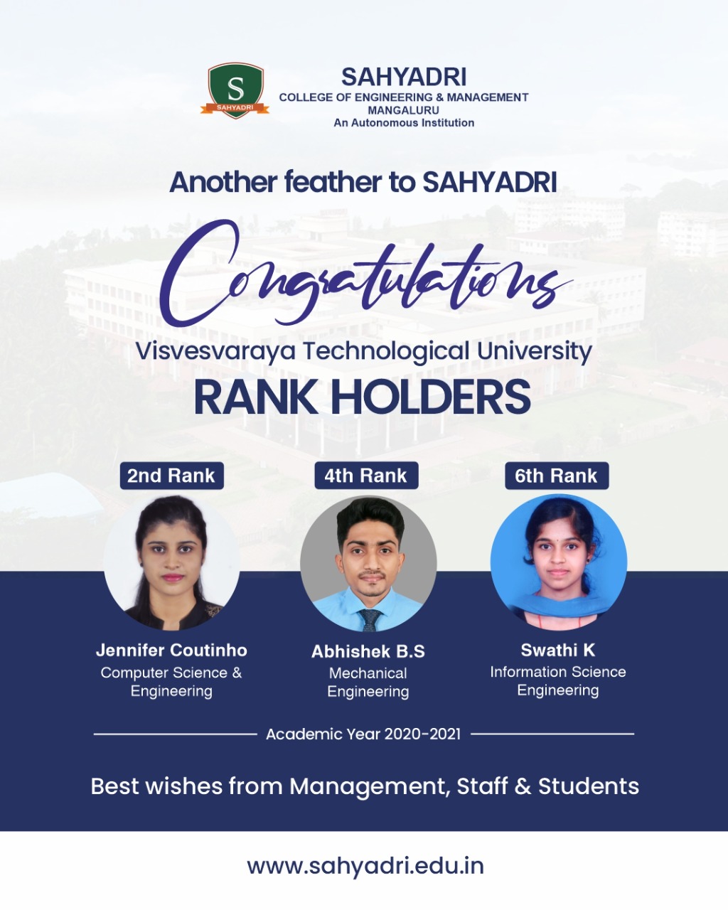 Sahyadri secures 3 Engineering Ranks in VTU Exams