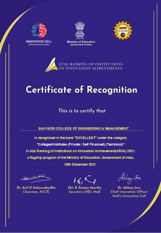 Sahyadri conferred with Band “Excellent” in ARIIA 2021, Ministry of Education (MoE), Govt. of India